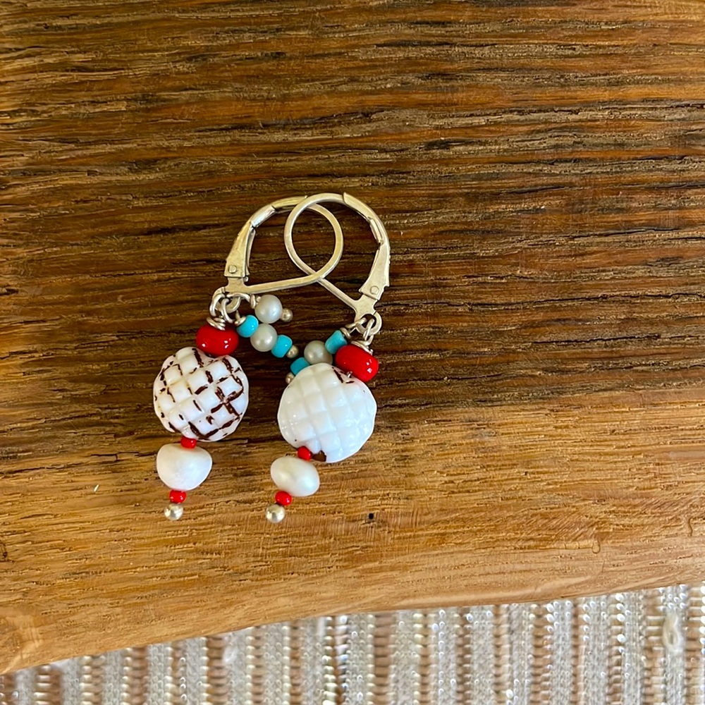 Sterling drop earrings with red, white and turquoise blue beads, 1 1/2” long